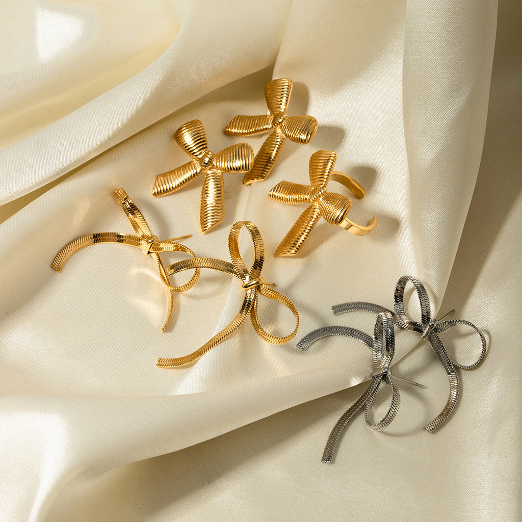 Women's Vintage Bow Earrings Stainless Steel Butterfly Shape Pendant Earrings Ring