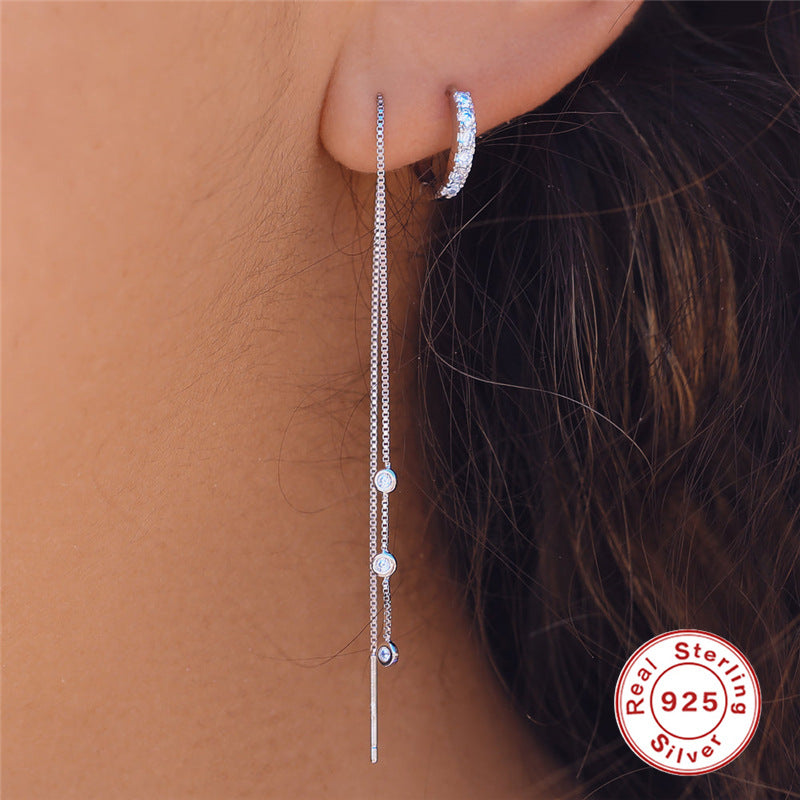 S925Sterling Silver Box Chain Tassel Triple Inlaid Diamond Ear Thread Earrings Korean Style Fashionable Earrings for Women