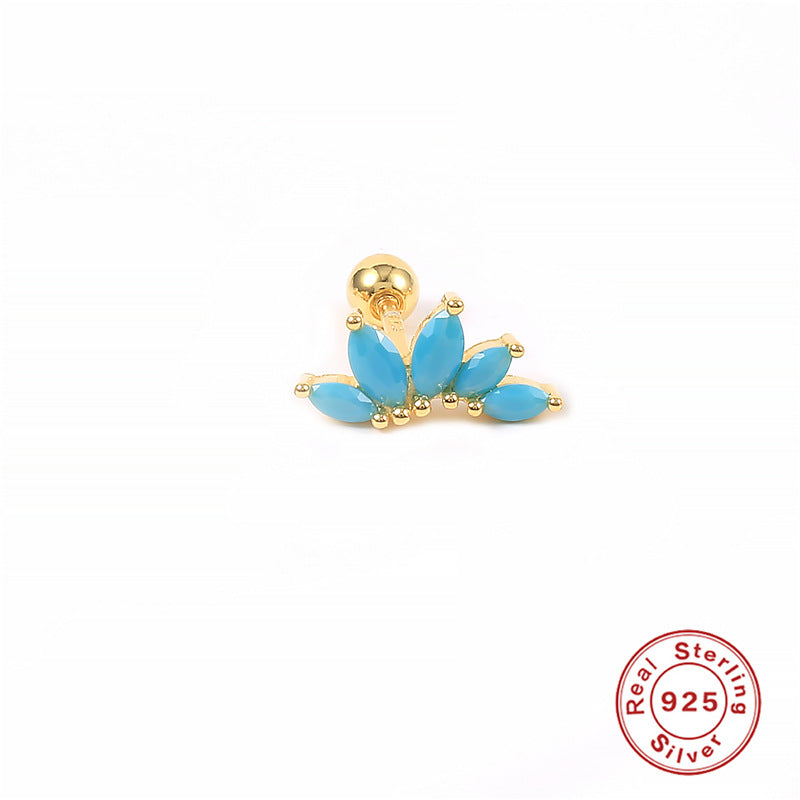 S925Sterling Silver Colorful Diamond Crown Flower Piercing Threaded Ear Bone Stud Mini Inlaid Diamond Ear Cartilage Stud Earrings for Women