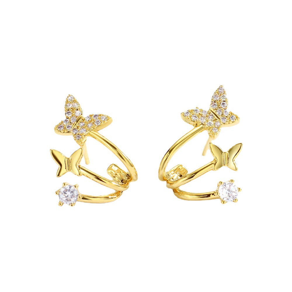 E0135Korean Version Silver Needle Zirconia Stud Earrings Simple Female Small Butterfly Shape Ear Jewelry Earrings