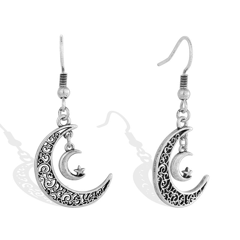 E0709 Fashion Star Moon Crescent Hook Earrings for Women Retro Vintage silver Hollow Earrings