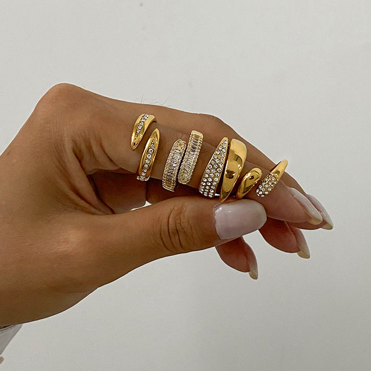 2H 18K Gold Stainless Steel Inlaid Diamond Open Ring rings