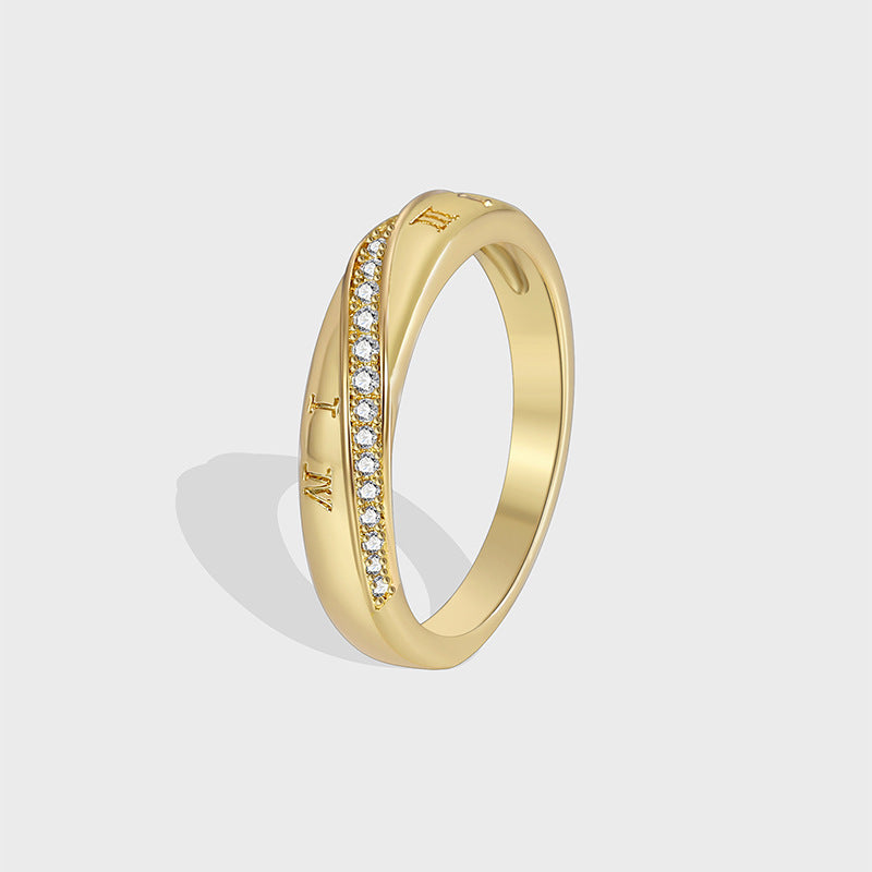 R0420 Fashion New Roman Numeral Pattern Ring for Women, Copper Plated with Real Gold, Micro Pave Zircon Ring