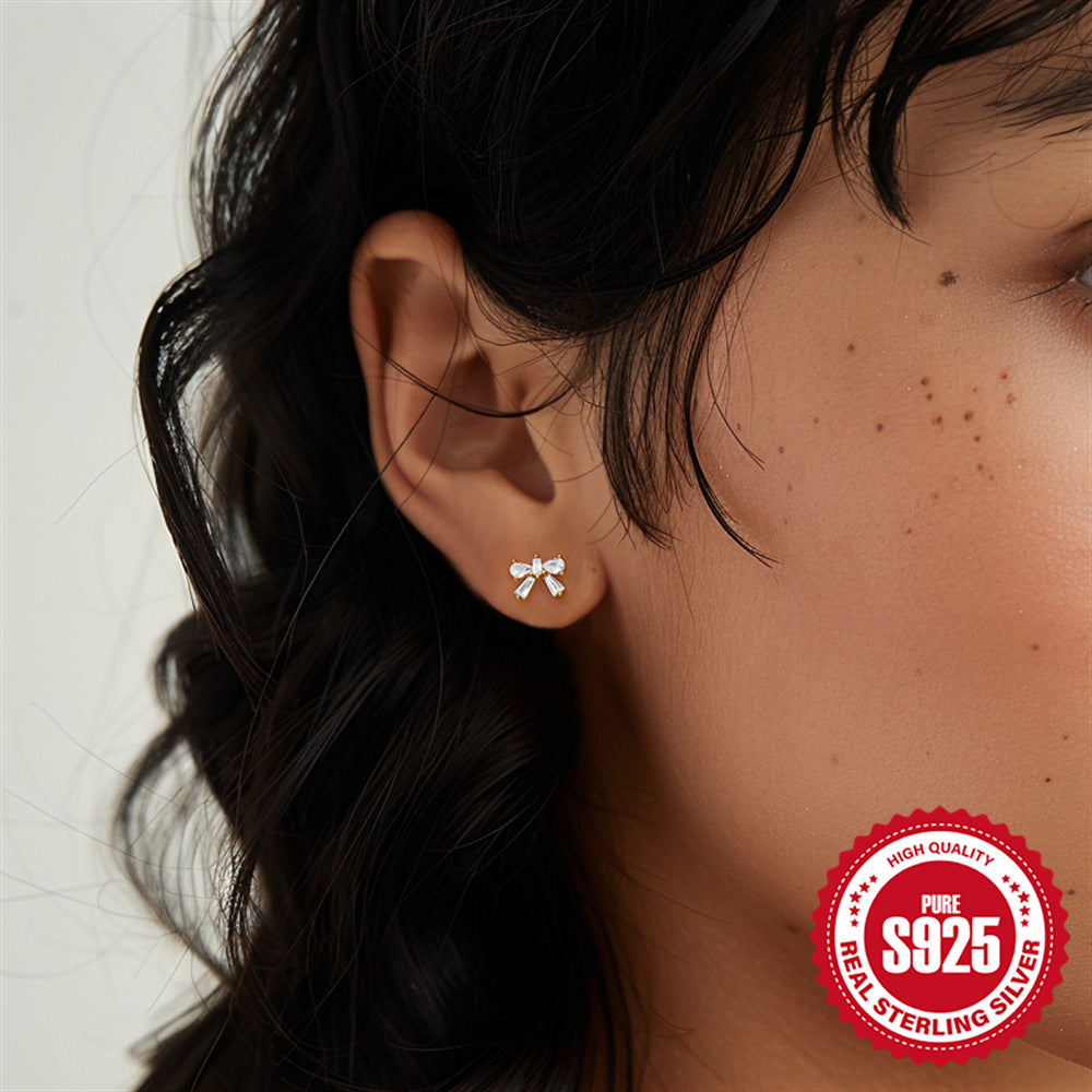 New S925Sterling Silver Bowknot Colorful Diamond Inlaid Heart Stud Earrings Hot-Selling Fashion Earrings