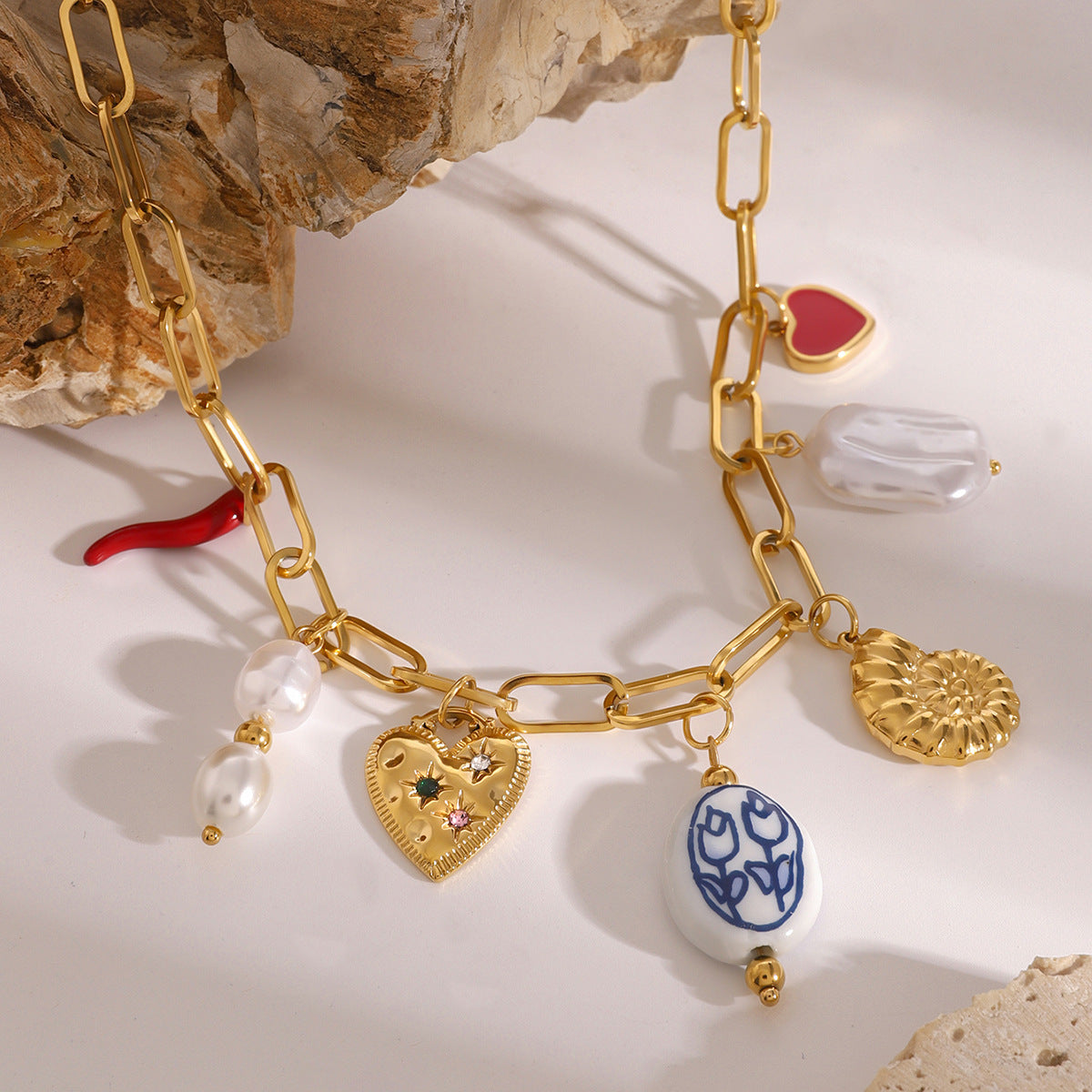 2H Stainless Steel Pearl Heart Conch Pendant Necklace Vacation Style Ocean Neck Jewelry Export Style Accessories for Women