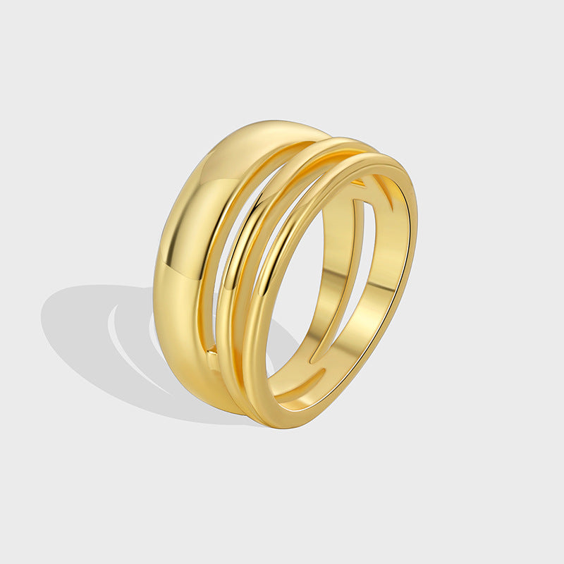 R0582 Fashion Design Sense Surround Ring for Women, Copper Plated with Real Gold, Minimalist Multi-layer