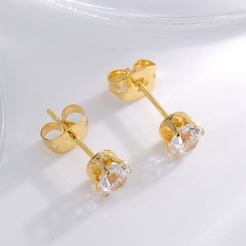E0778 Design Earrings for Women, Brass Gold-Plated, Simple Crown Base with Zirconia Studs