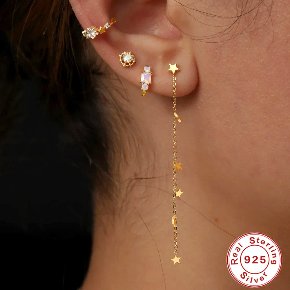 S925Sterling Silver Tassel Inlaid Diamond Mini Pentagram Ear Thread Earrings Korean and Japanese Style Women's Ear Jewelry
