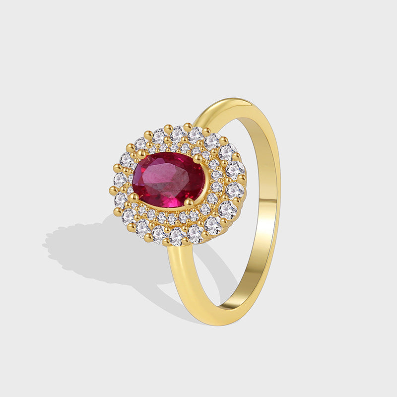 R0376 Fashion Design Red Zircon Ring for Women Copper Plated with Real Gold Micro Inlaid White Zircon