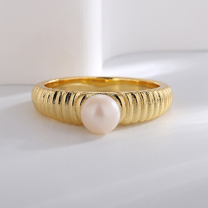 R0311 Simple Retro Striped Ring for Women, Brass Gold-Plated Elegant Inlaid Pearl Ring