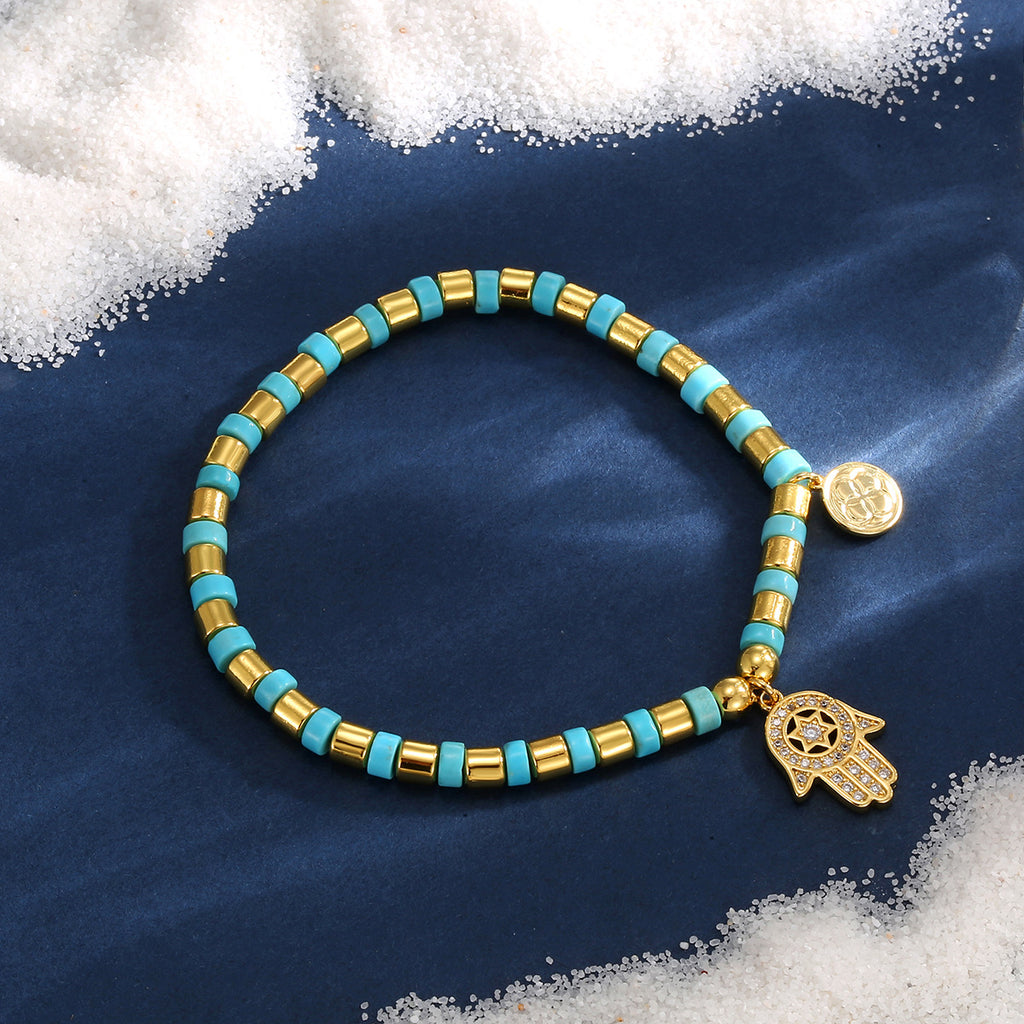 B0289 Palm-shaped copper-plated14k Gold Beaded Inlaid Turquoise Fashion Bracelet