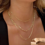 Vintage18K Gold-Plated Paperclip Box Chain Stainless Steel Chain Necklace Ring Three-Layer Necklace Jewelry
