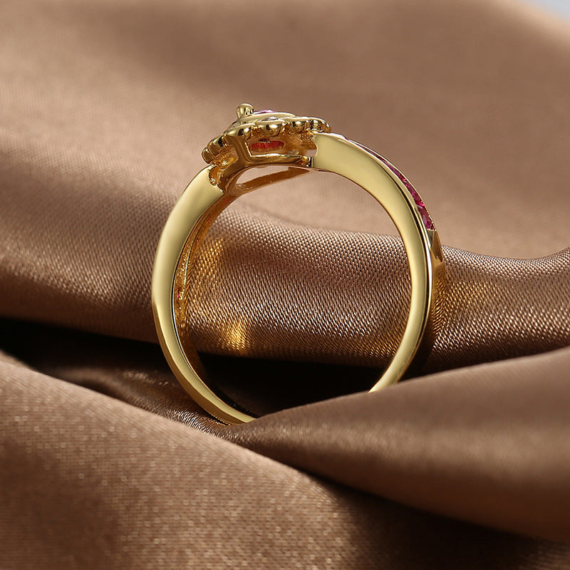 R0377 Fashion Retro Red Zircon Ring for Women Brass Gold-Plated Tail Ring