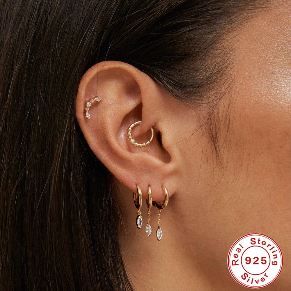 S925Sterling Silver Hoop Hoop Earrings with Horse Eye Inlay and Diamonds, Popular Trendy Minimalist Style Earrings for Women