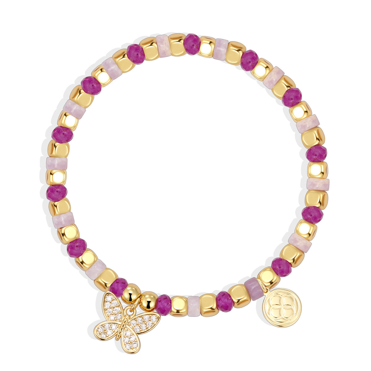 B0277 Bohemian Butterfly Inlaid Zircon Beaded Design Pink Quartz Chalcedony Bracelet