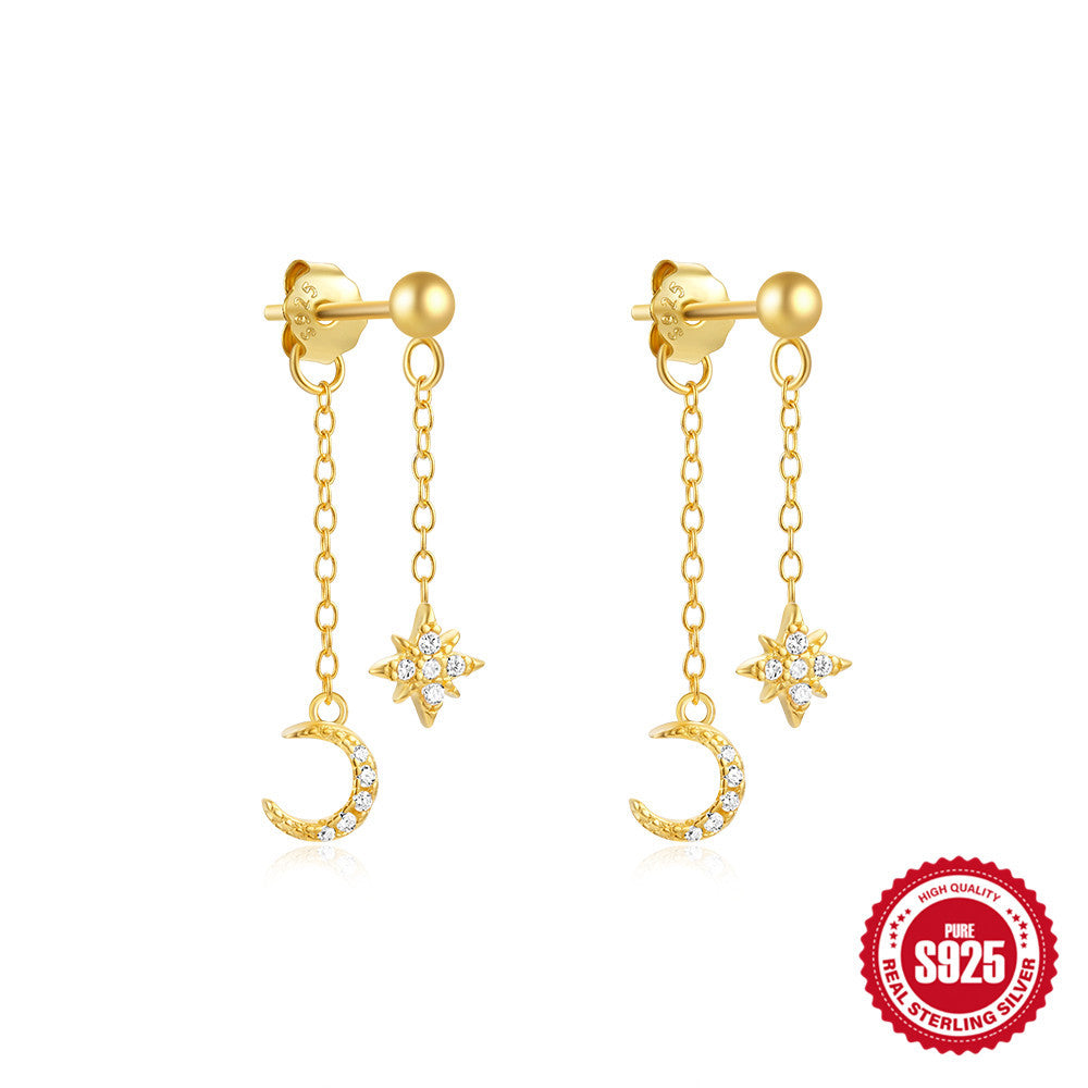 S925Sterling Silver Inlaid Diamond Pearl Tassel Chain Earrings Studs Hot-Selling Geometric Star Moon High-End Ear Jewelry