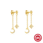 S925Sterling Silver Inlaid Diamond Pearl Tassel Chain Earrings Studs Hot-Selling Geometric Star Moon High-End Ear Jewelry