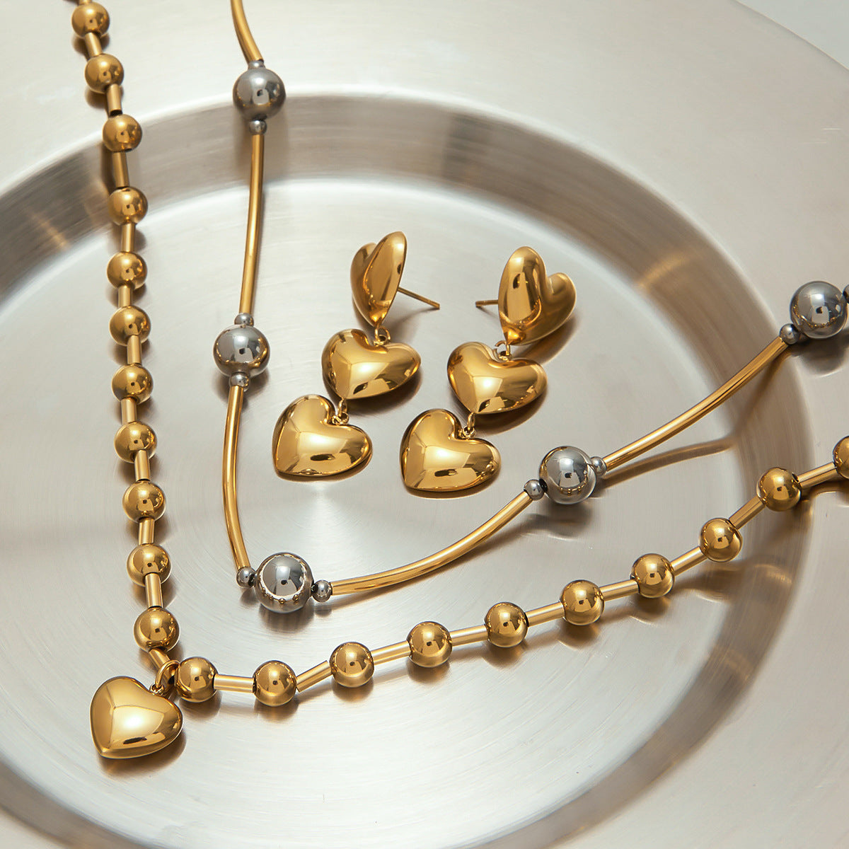 2H Stainless Steel Heart Necklace Simple Earrings Non-Fading Jewelry for Women