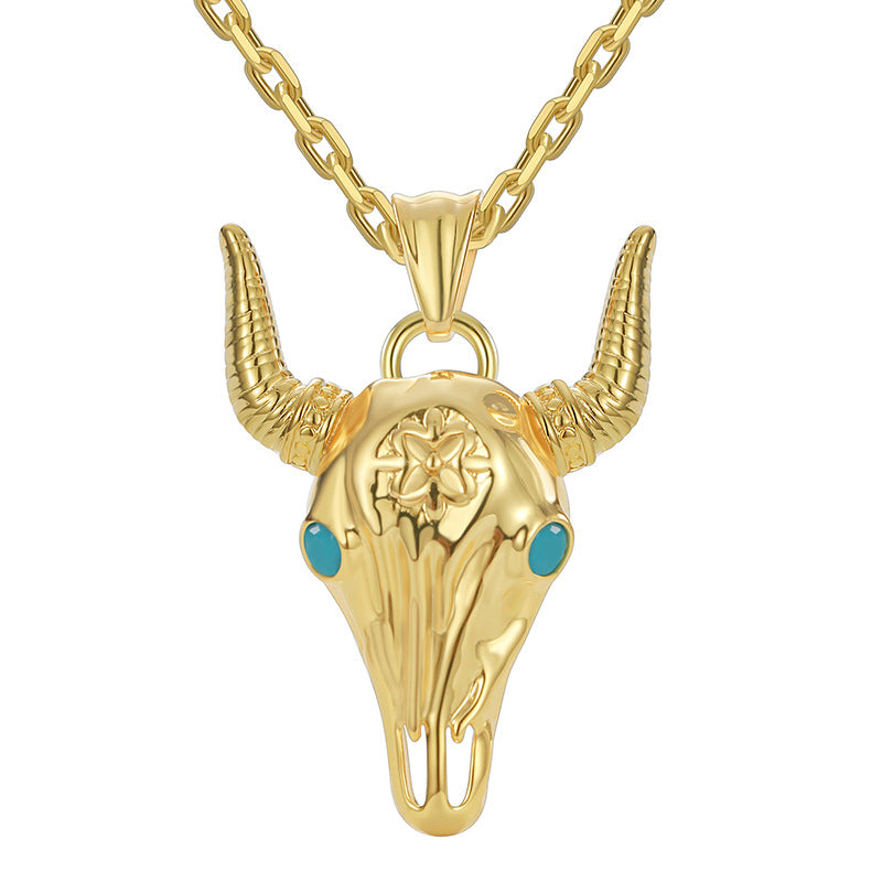 N0090 Western Style Fashion Design Necklace for Women Copper Plated Real Gold Bull Head Shape Resin Pendant