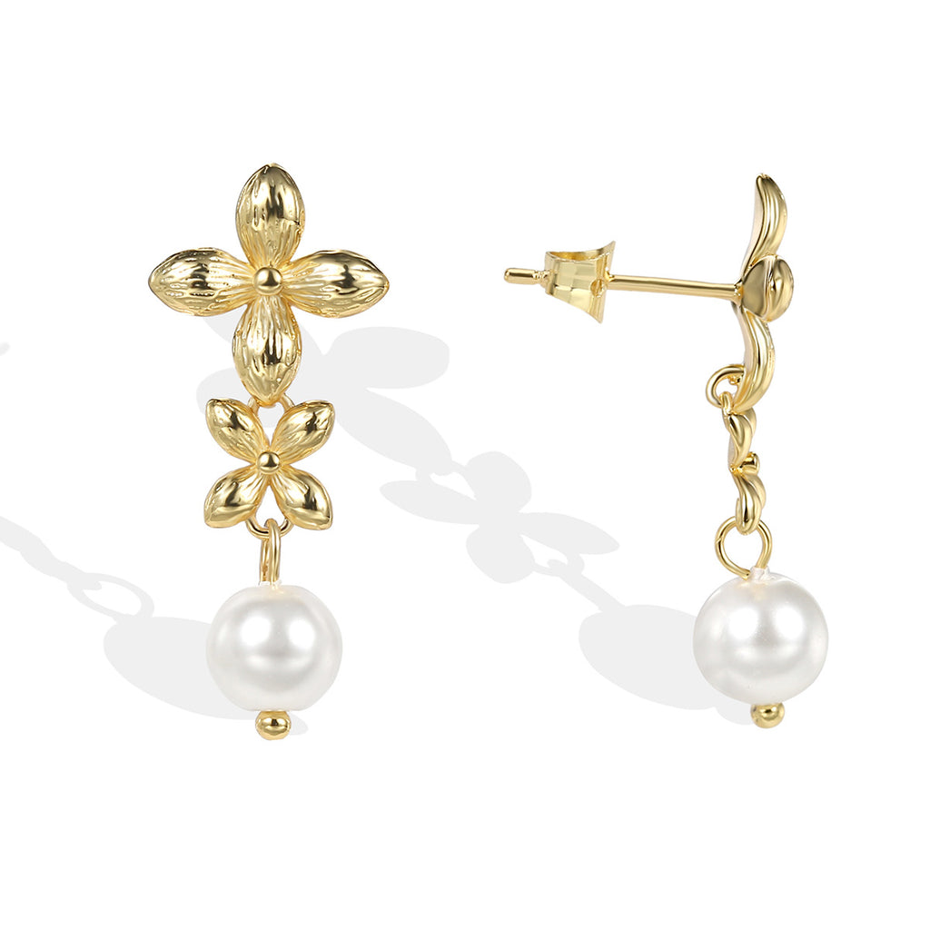 E0347 Pearl Flower Earrings Flower Drop Earrings Petal Super Fairy Stud Earrings Simple and Cool Style for Women