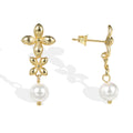 Gold-Plated Brass Floral Pearl Stud Earrings with gold-tone brass construction