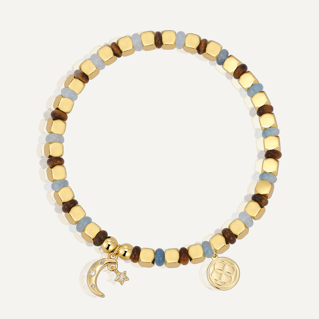 B0276 Vintage Star and Moon Inlaid Zircon Beaded Chalcedony Tiger Eye Stone Bracelet Trendy