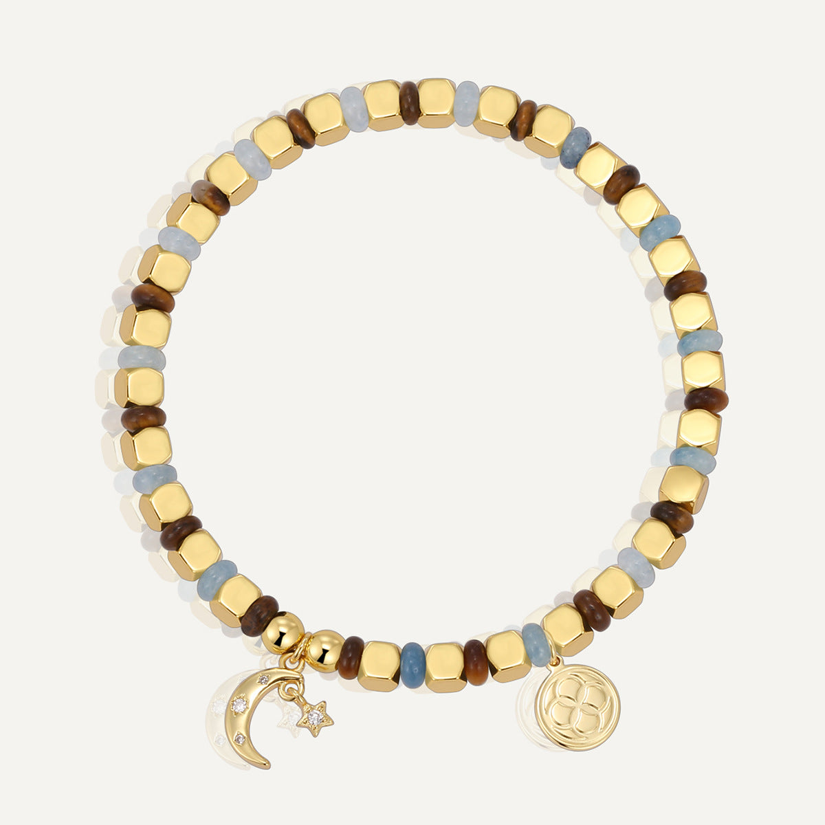 B0276 Vintage Star and Moon Inlaid Zircon Beaded Chalcedony Tiger Eye Stone Bracelet Trendy