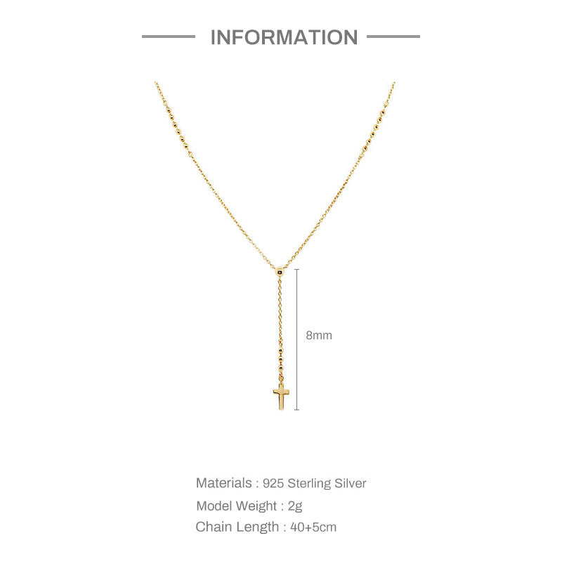 S925 Sterling Silver Y Cross Pendant Necklace With Beaded Chain