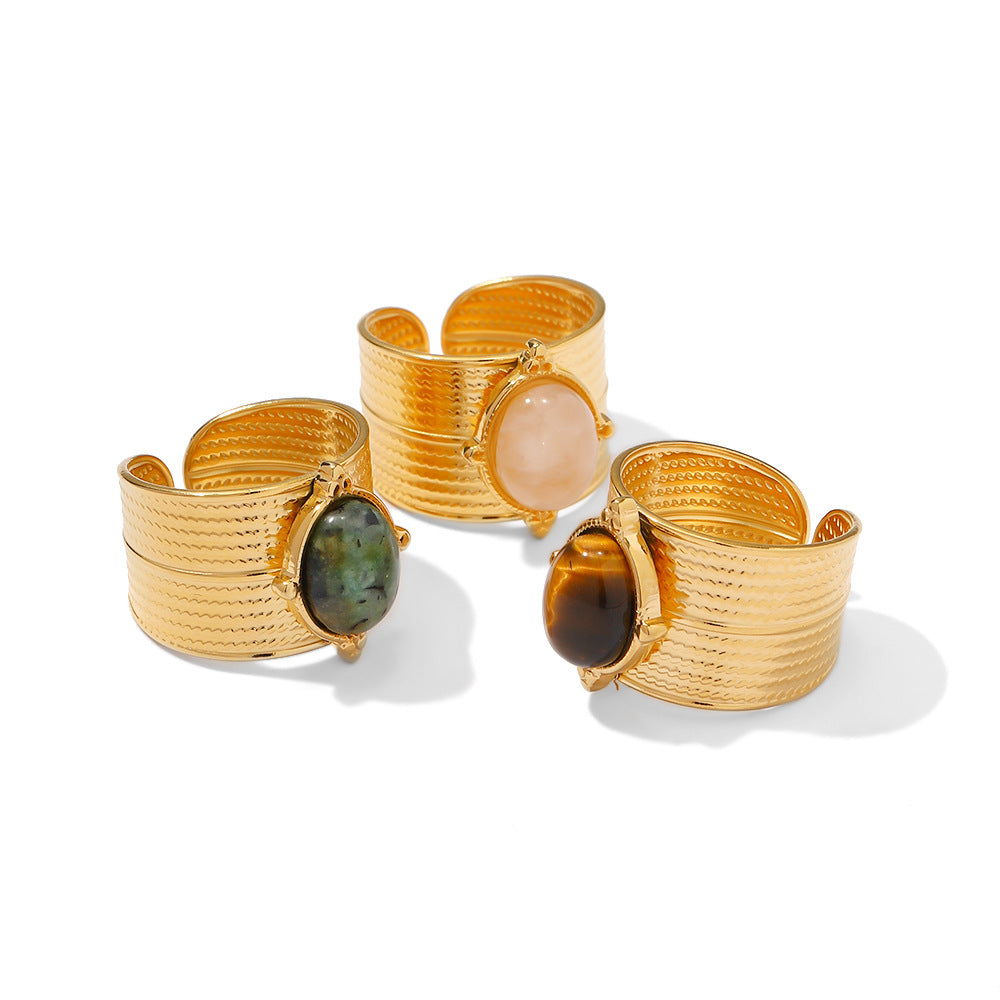 2H 18K Gold Stainless Steel Wide Adjustable Stone Ring Hip Hop Fashionable Unisex Ring