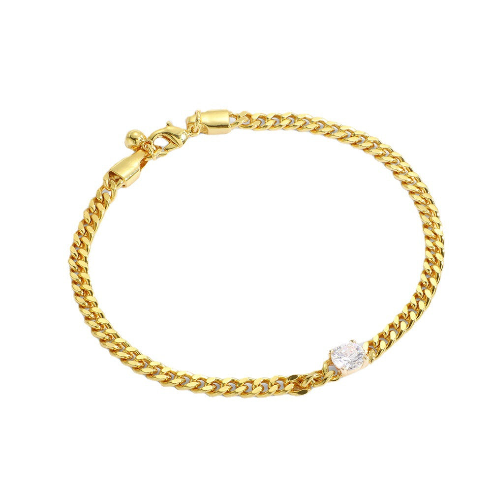 B0064Copper Inlaid Zirconia Gold-Plated Cuban Chain Bracelet for Women Classic Basic Single Diamond Simple
