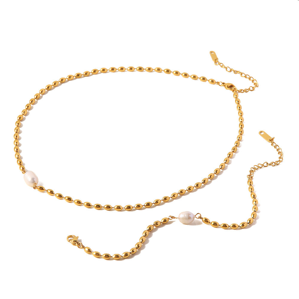 Fashionable Design Non-Fading Natural Freshwater Pearl Oval Gold Bead Bracelet/Necklace