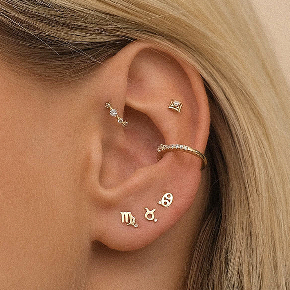 S925Pure Silver Minimalist Smooth Surface Zodiac Diamond-Studded Earrings Hot-Selling Creative Zodiac Earrings