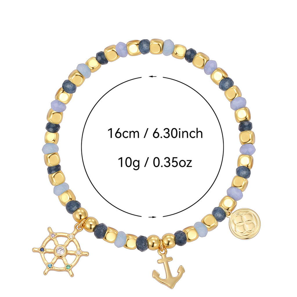 B0273 Ocean Pirate Series Chalcedony Beaded Vintage Anchor Rudder Bracelet