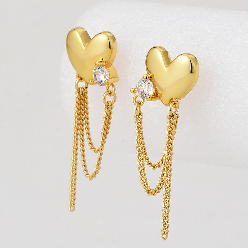 E0708 Elegant Fashion Simple Heart-Shaped Zircon Inlaid Tassel Chain Earrings for Women Heart Drop Earrings