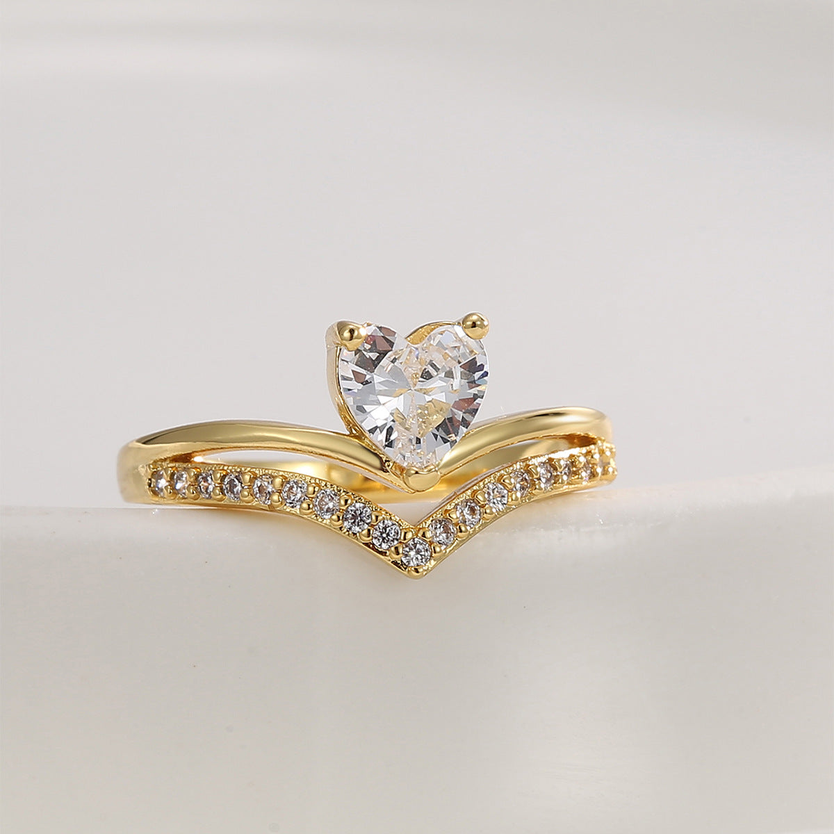 R0648 Luxurious Double Layer Ring for Women Hot Sale New Heart Zircon Vintage Versatile