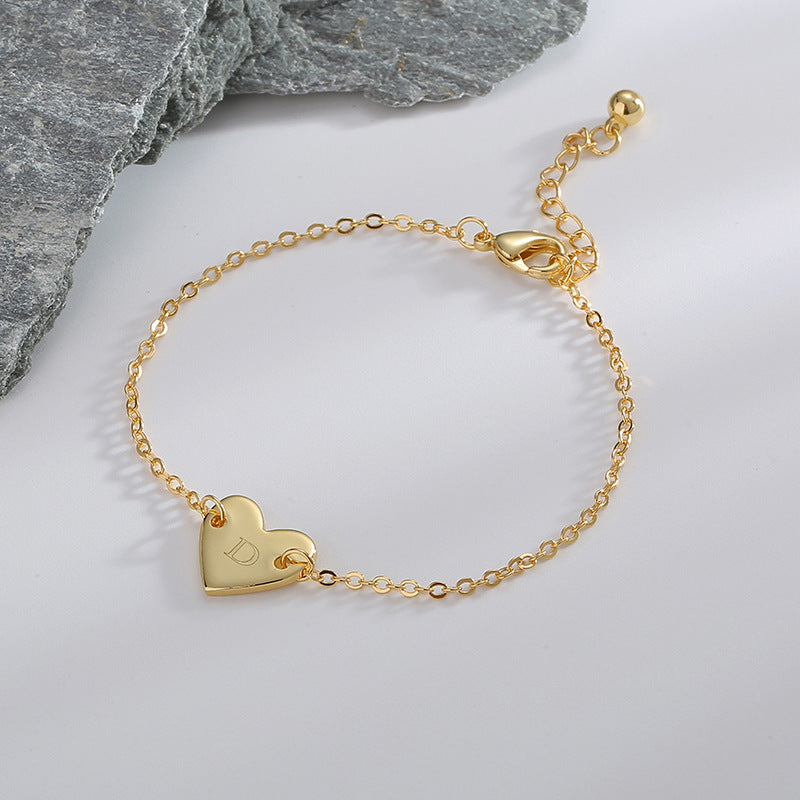 B0182  Korean Version Fashion Simple Heart-shaped Bracelet for Women gold Love Heart26Minimalist Letter Style