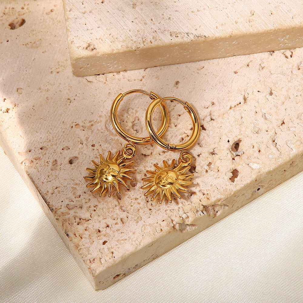 2H  Pendant Earrings18K Gold Vintage Sun Pendant Hoop Earrings Jewelry for Women