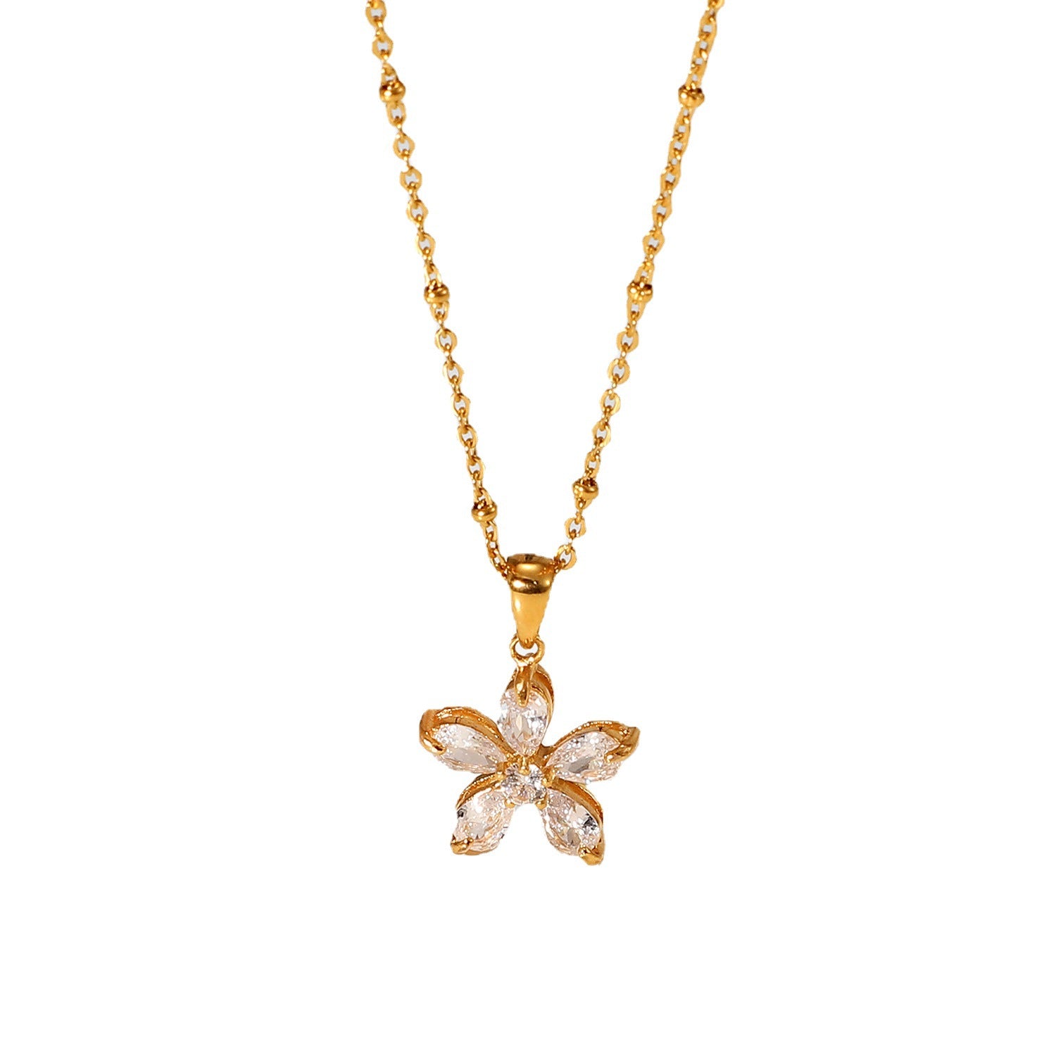 New Flower Necklace18K Gold-plated stainless steel16mm White Zircon Five Petal Flower Pendant Necklace for Women
