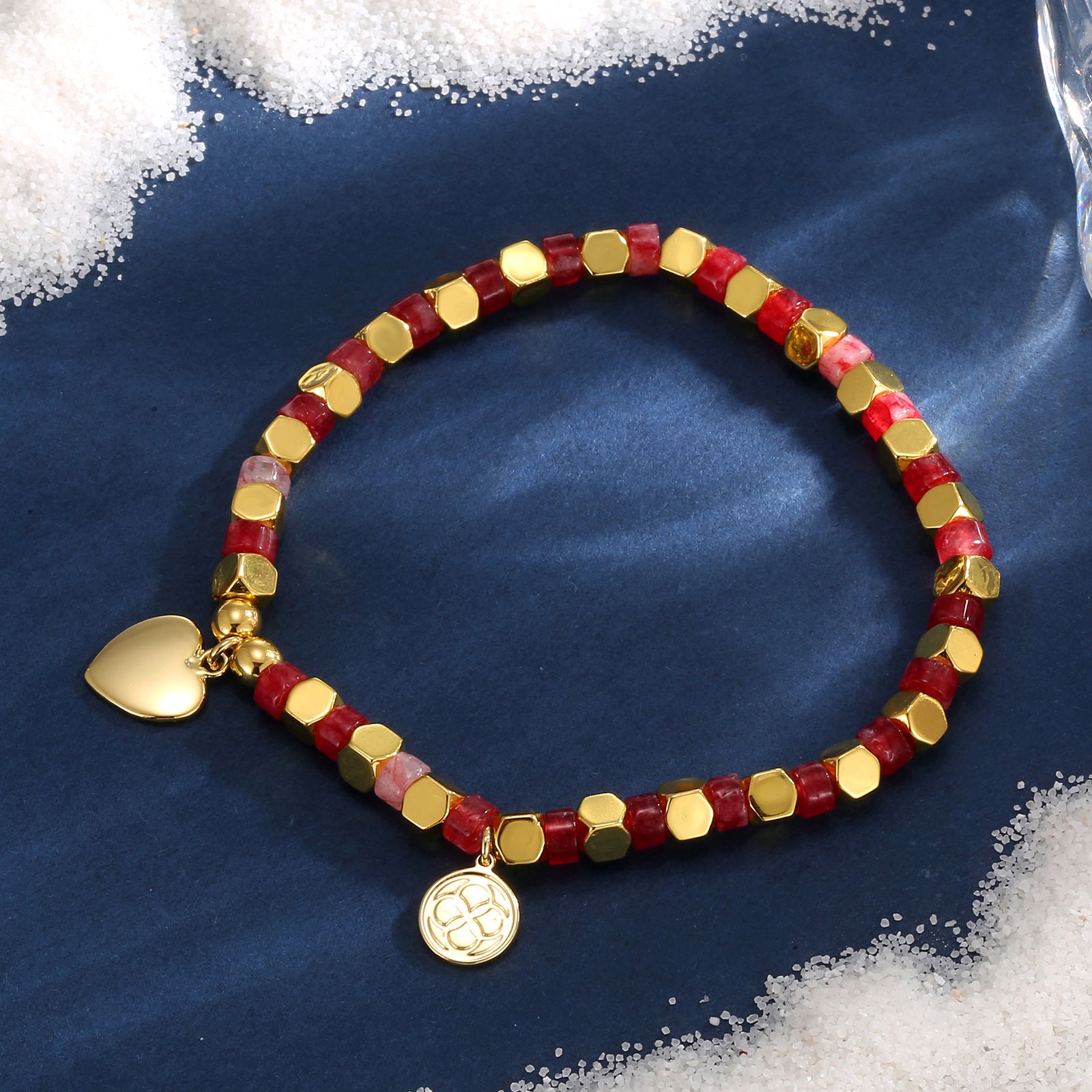 B0249 Vintage Bohemian Heart Beaded Bracelet with Red Stone