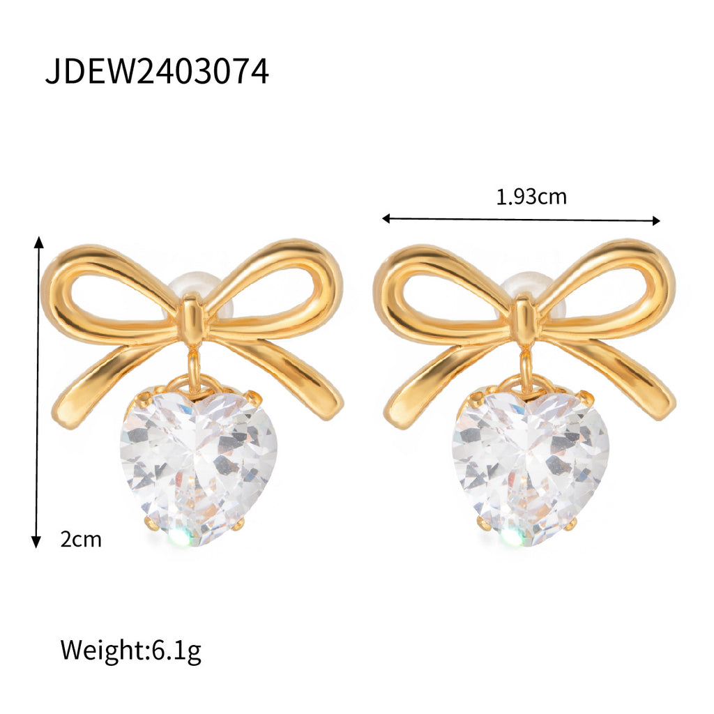 Stainless Steel Bow Necklace Zircon Stud Earrings Ring18k Gold accessories