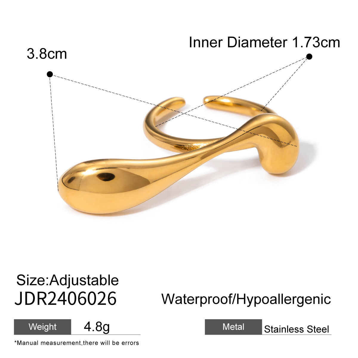 2H 18K Gold Stainless Steel Ring for Women Simple Fashion Unique Water Drop Irregular Curve Open Ring