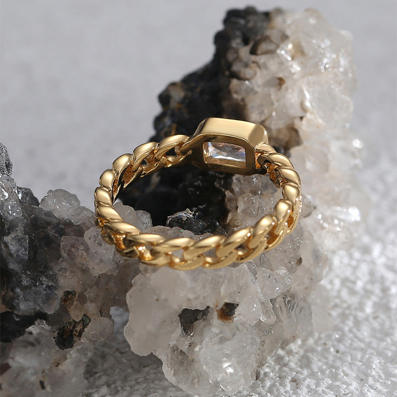 R0585 Trendy Cool Hip-Hop Chain Ring for Women Vintage Square Zircon Inlaid Ring