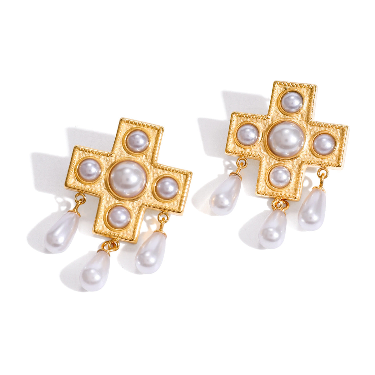 Cross Imitation Pearl Earrings Non-Fading Jewelry for Women Stainless Steel