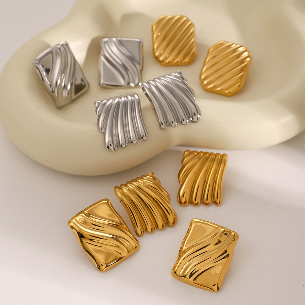 2H18K Gold Stainless Steel Square Wave Texture Earrings  Same Style Simple Geometric Earrings