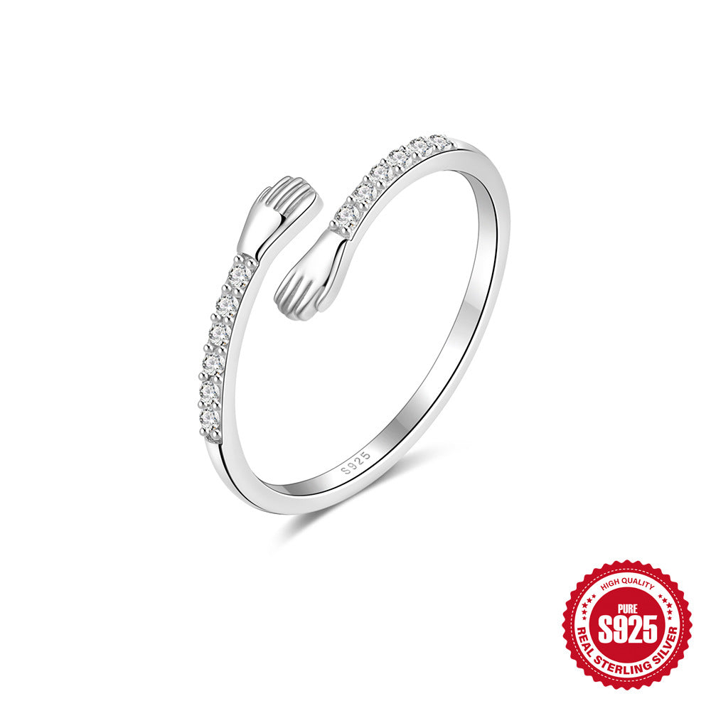 S925Pure Silver Japanese Style High-End Diamond-Studded Ring Japanese and Korean Design Sense Diamond Heart Petal Open Index Finger Ring