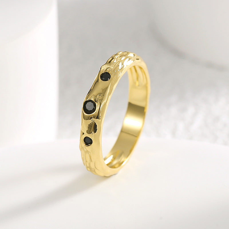R0463 Simple Black Zircon Ring for Women Fashion Irregular Concave Texture Ring
