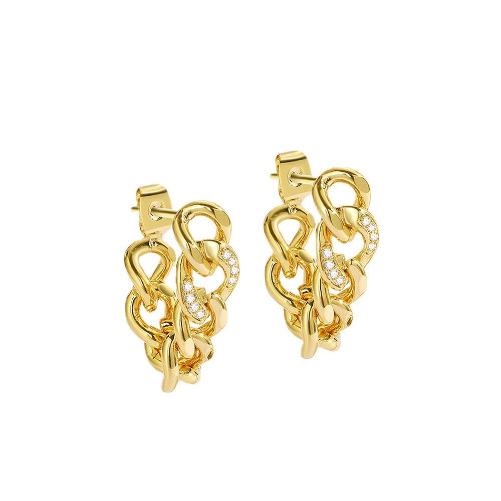 E0122 Minimalist Metal Chain Inlaid Diamond Earrings Fashion Front and Back Design Stud Earrings