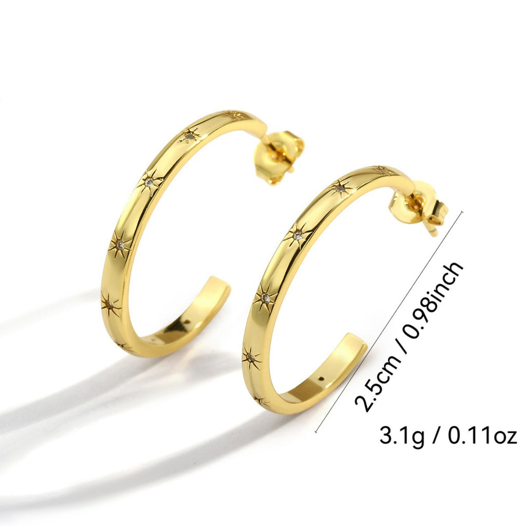 E0046Exaggerated gold Circle Star Earrings for Women with Inlaid Diamonds Round Hoop Earrings