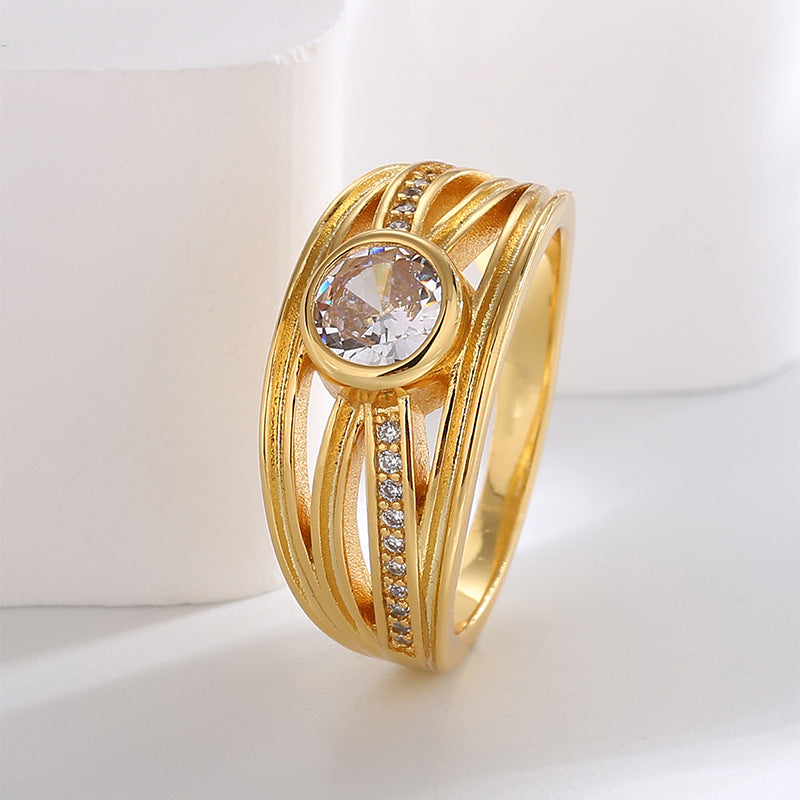 R0319 Fashion Hollow Zircon Ring for Women Brass Gold-Plated Simple Minimalist Ring