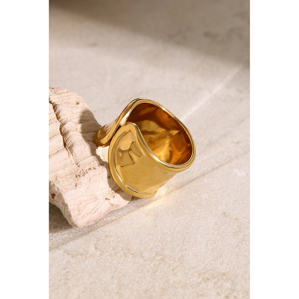 2H 18K Gold Stainless Steel Ring Unique Design Hammered Asymmetric Open Ring